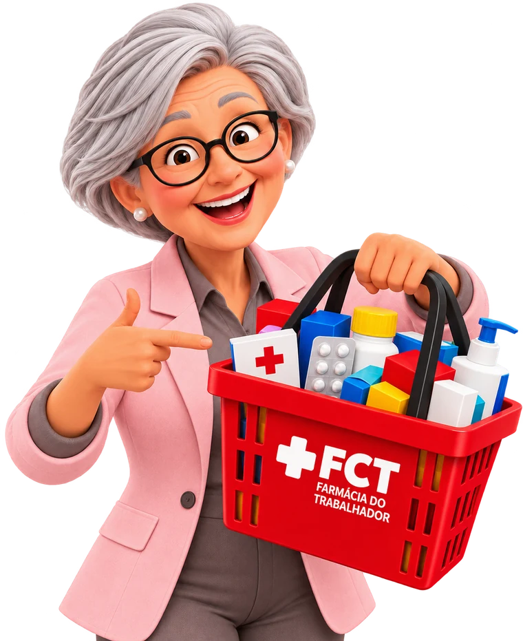 Dona Cecília, personagem da FCT, apontando para uma cesta de compras cheia de produtos